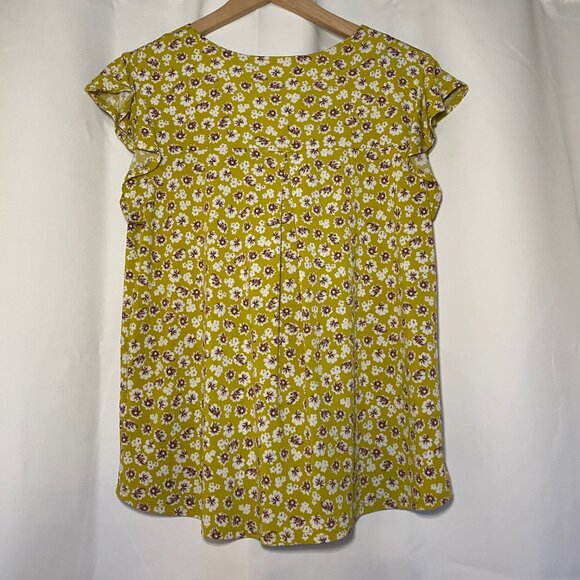 Beacon Apparel Womens M Flutter Sleeve Knit Blouse Yellow Floral Stretch EUC - Picture 2 of 8